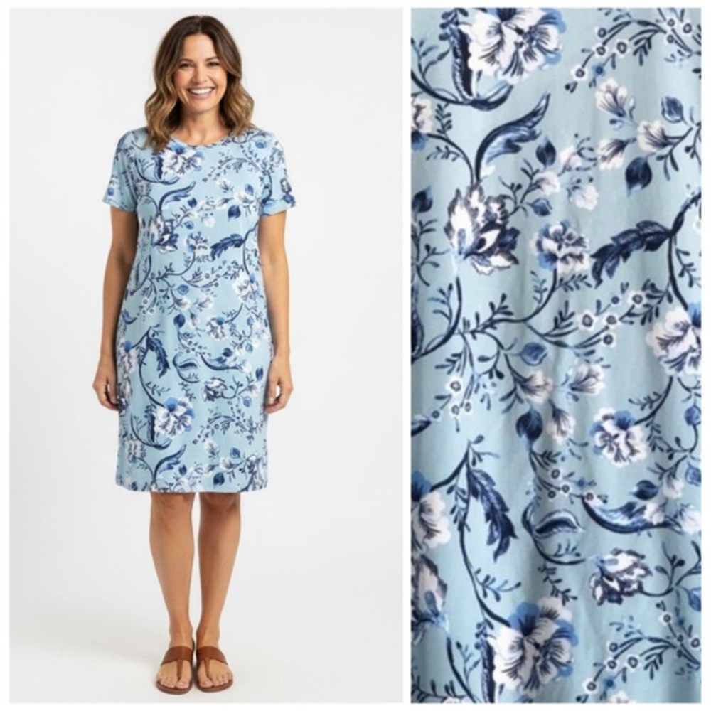 J Jason Wu Jersey Knit Crewneck Short Sleeve Light Blue and Navy Floral Dress
